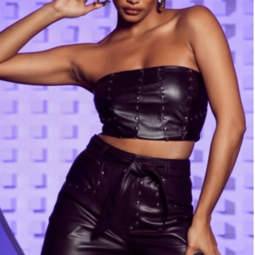 NWT Fashion Nova Black Strapless Vegan Leather Crop Top size XS